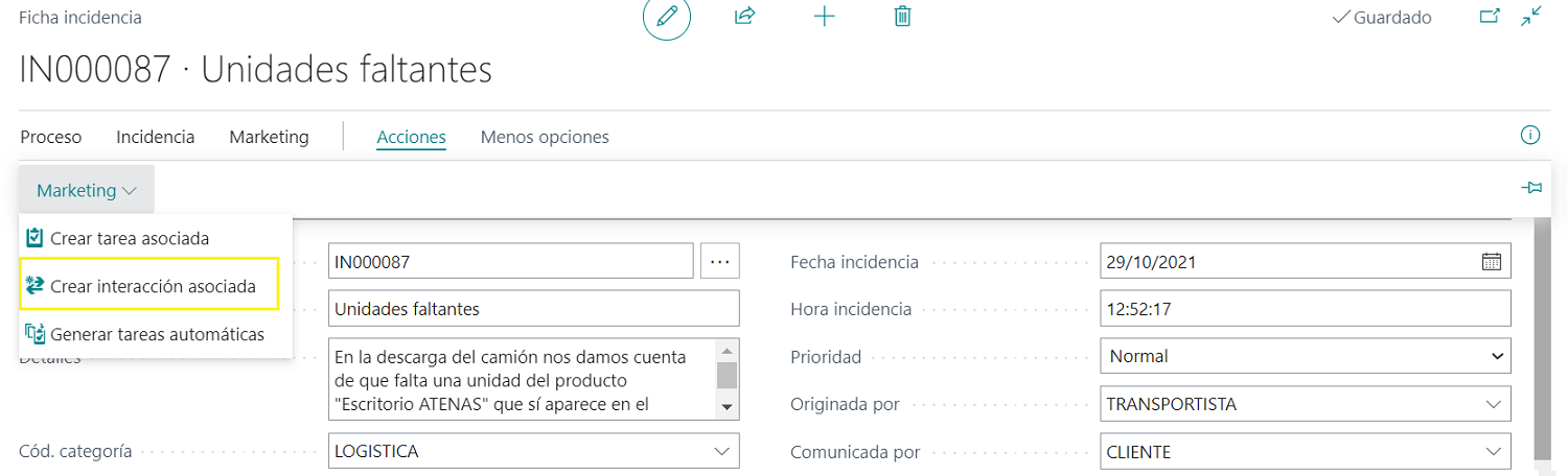 Ficha incidencia - Crear interacción manual