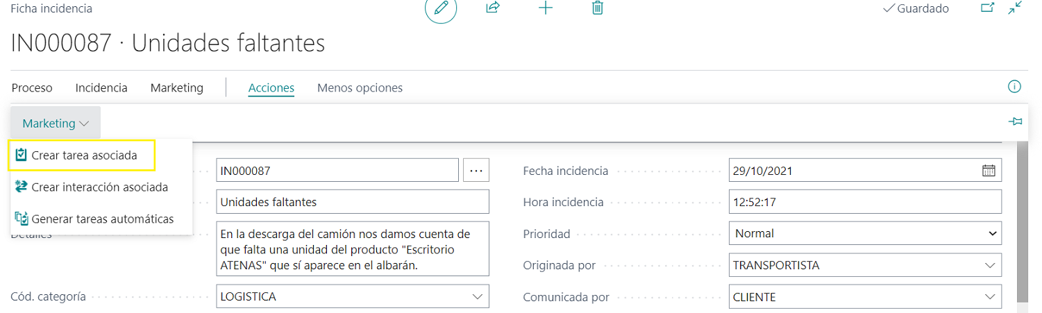 Ficha incidencia - Crear tarea manual