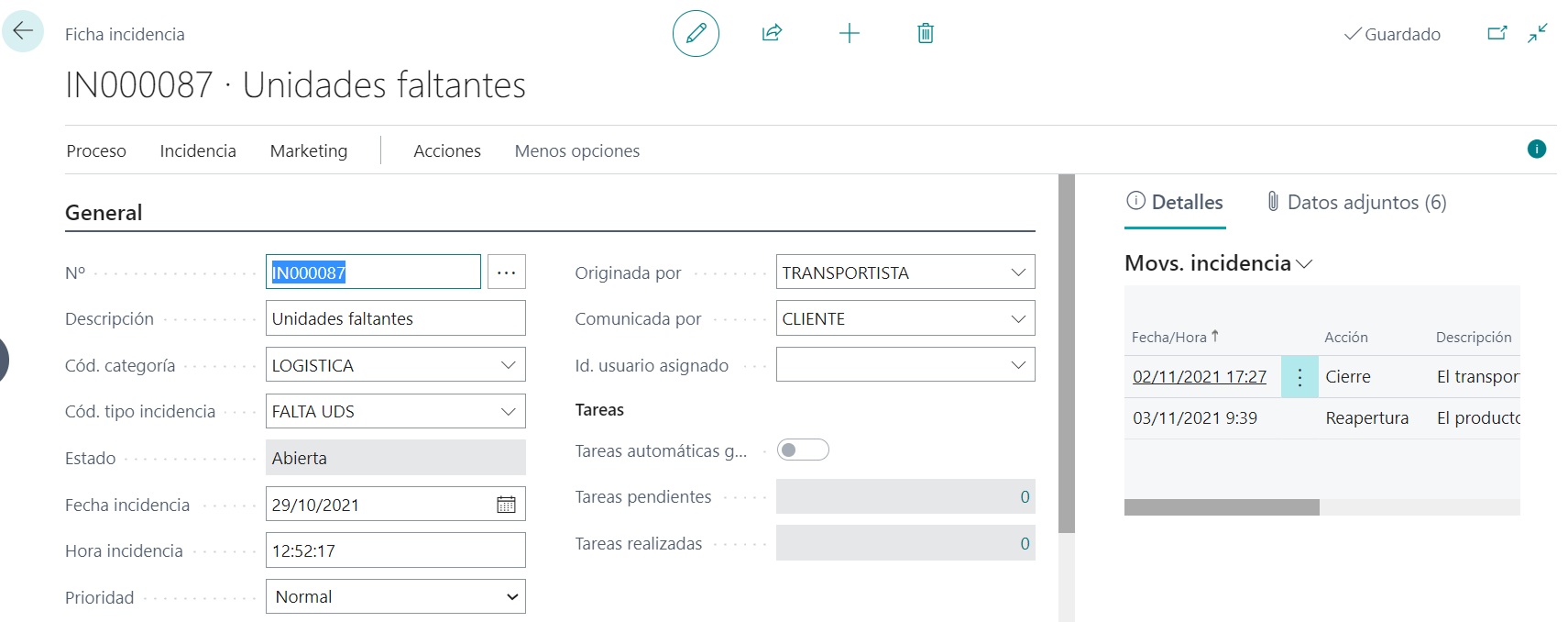 Ficha incidencias - Panel movimientos
