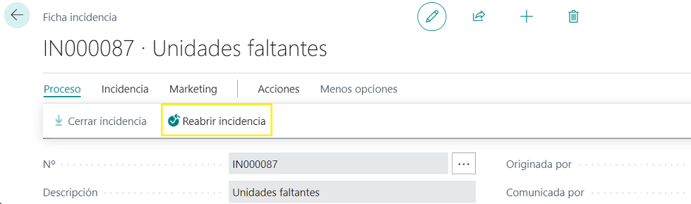 Ficha incidencias - Acción para reabrir incidencia