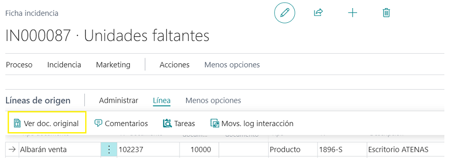 Línea incidencia - Ver doc. origen