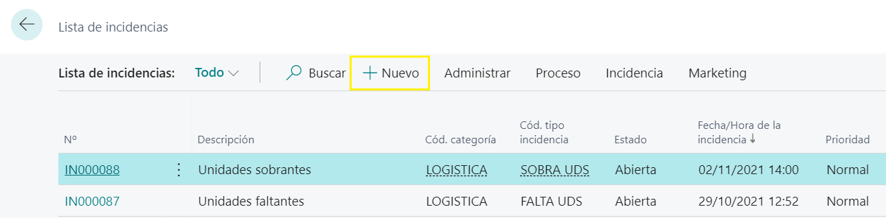 Lista incidencias - Acción para crear una nueva