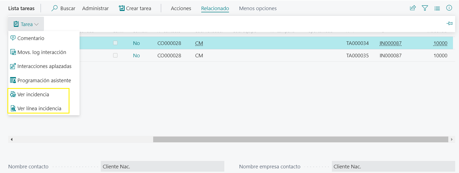 Lista tareas - Accion ver incidencia