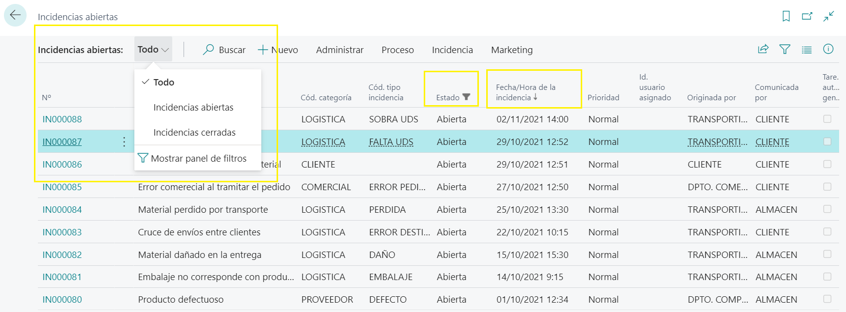 Lista incidencias - Vistas