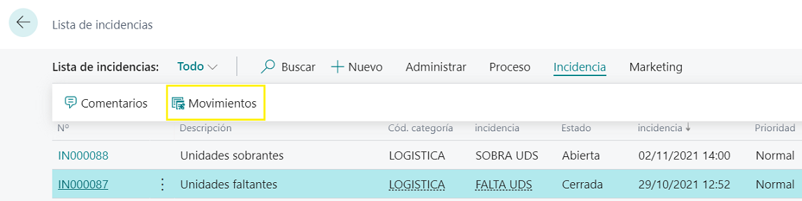 Lista incidencias - Acción movimientos