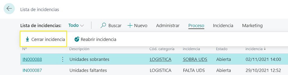 Lista incidencias - Acción para cerrar incidencia