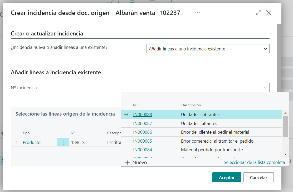 Pantalla añadir incidencia desde documento origen