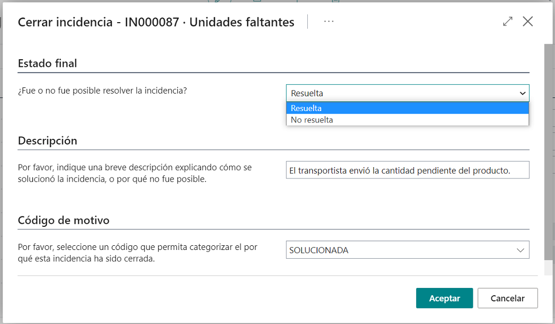 Pantalla cierre incidencia