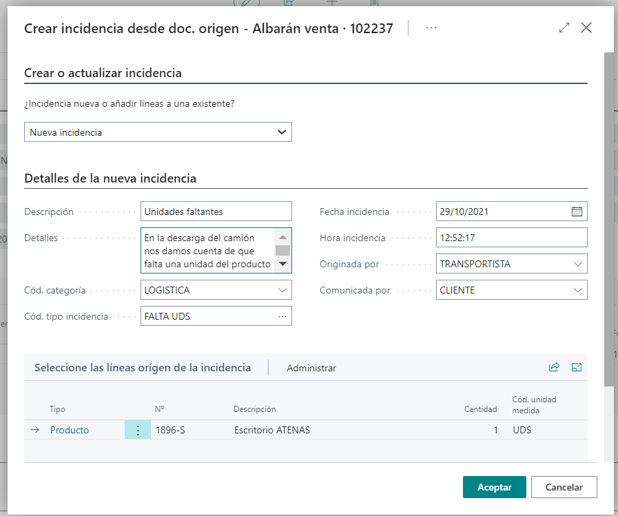Pantalla creación incidencia desde documento origen