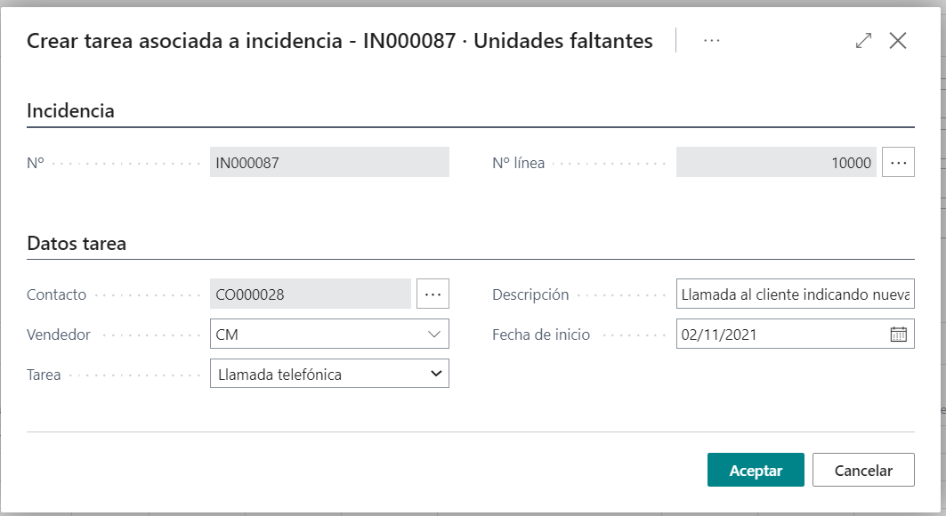 Pantalla creación manual tarea para línea