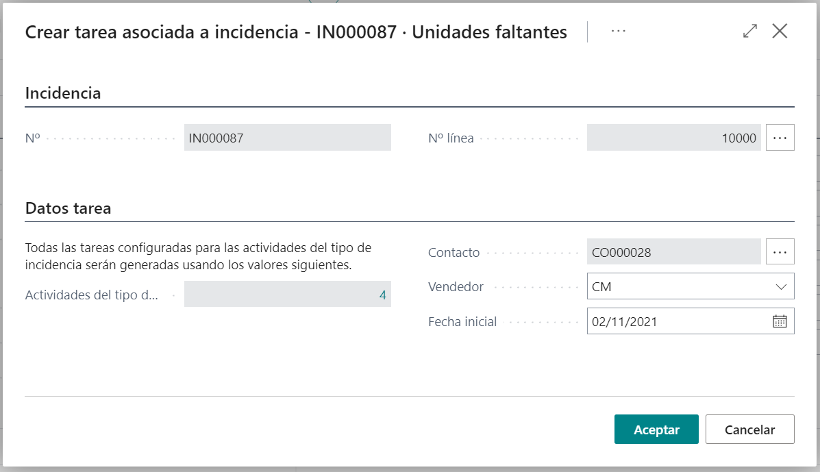 Pantalla creación tareas desde plantilla para línea