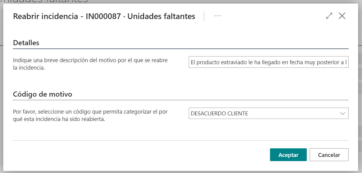 Pantalla reapertura incidencia