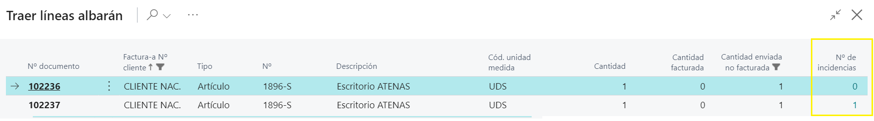 Traer líneas de albarán para facturar - Nº incidencias