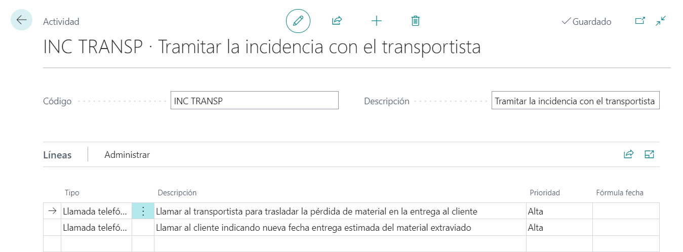 Tipo de incidencia - Tareas de cada actividad