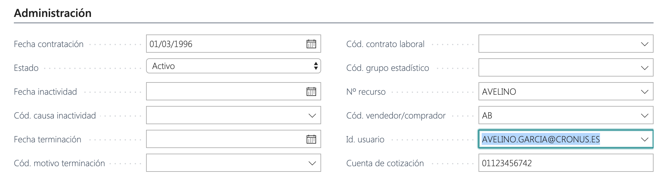 Pestaña Administración del empleado