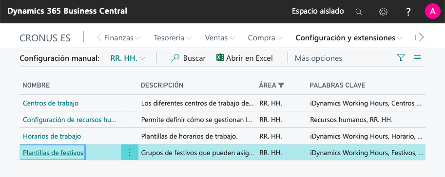 Configuración manual de plantillas de festivo
