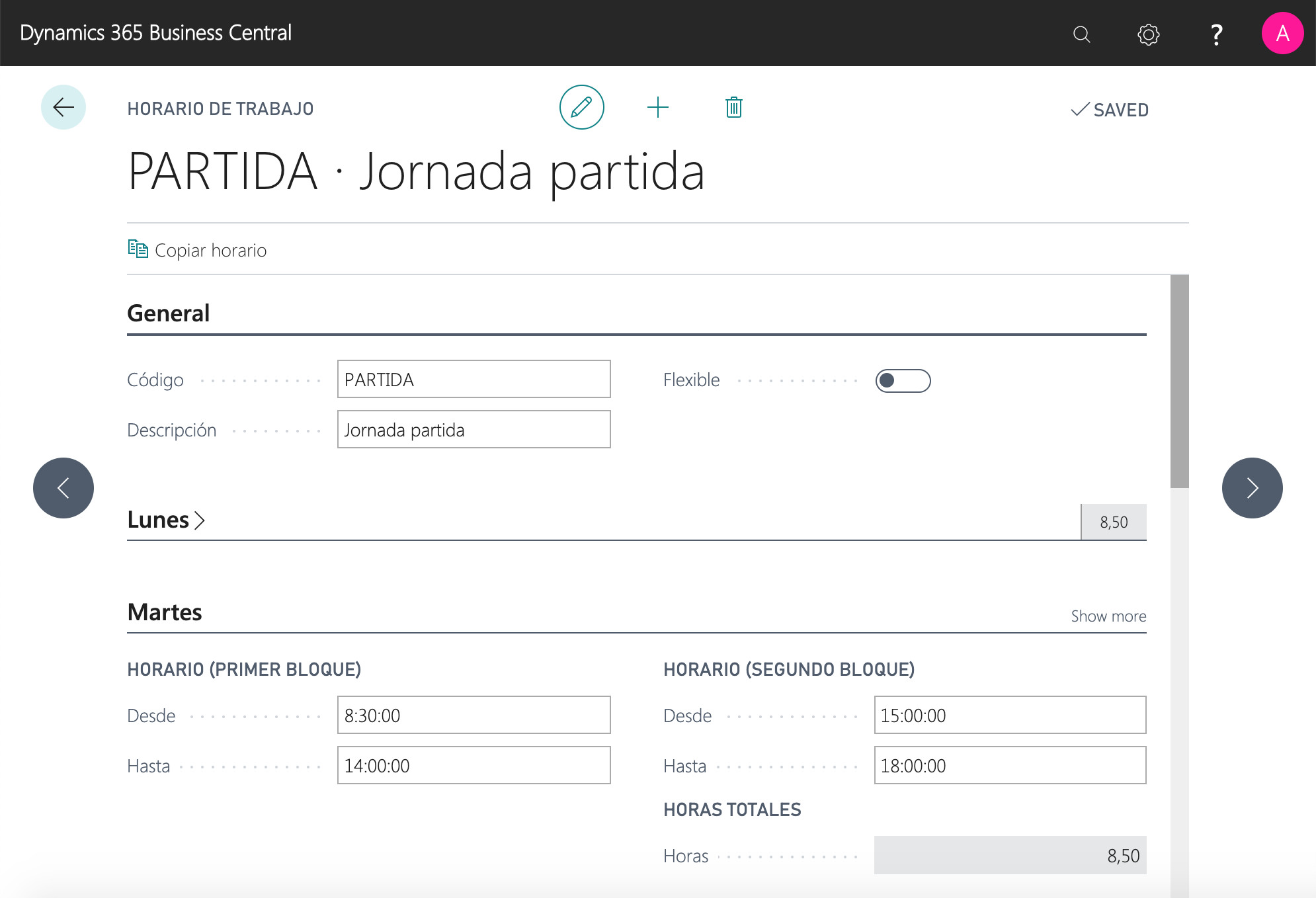 Configuración de horario