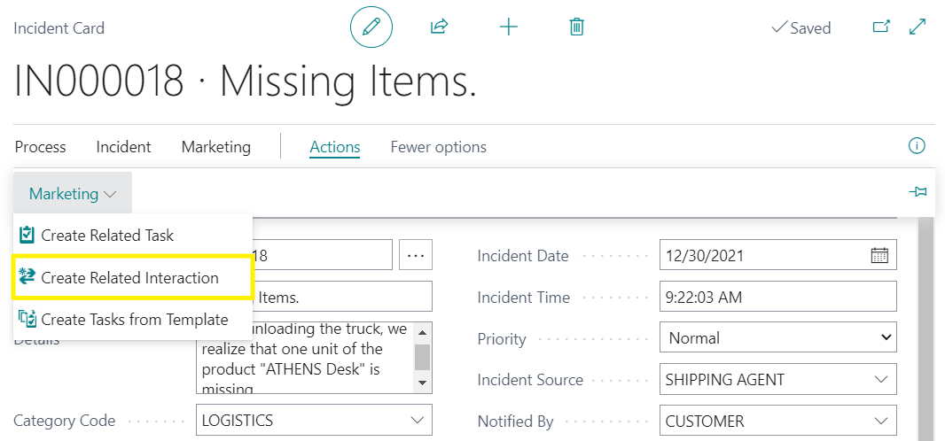 Incident Card - Manual creation of Interaction