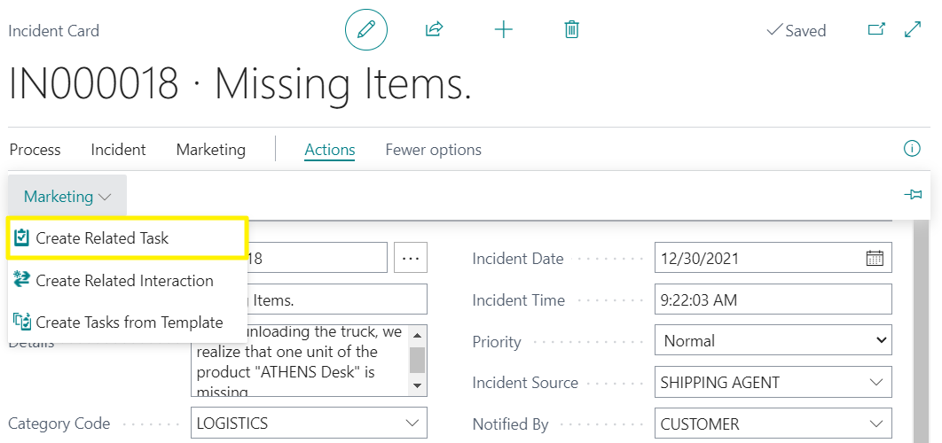 Incident Card - Manual Task Creation