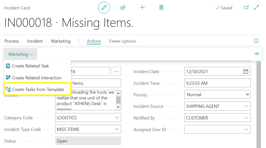 Incident Card - Create Tasks from Template