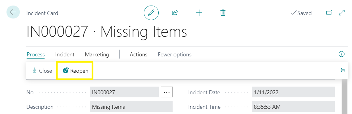 Incident Card - Reopen Incident Action