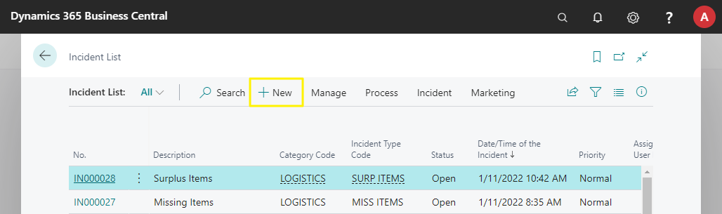 Incidents List - Create New Incident Action