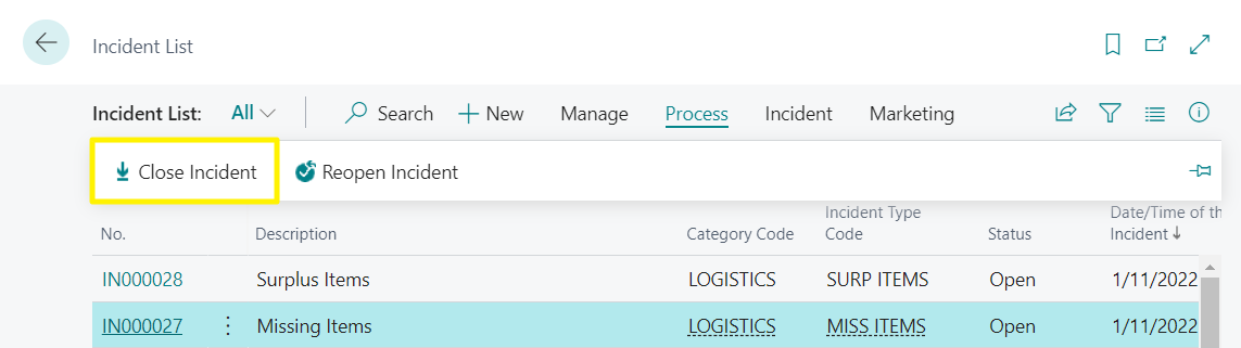 Incident List - Close Incident Action
