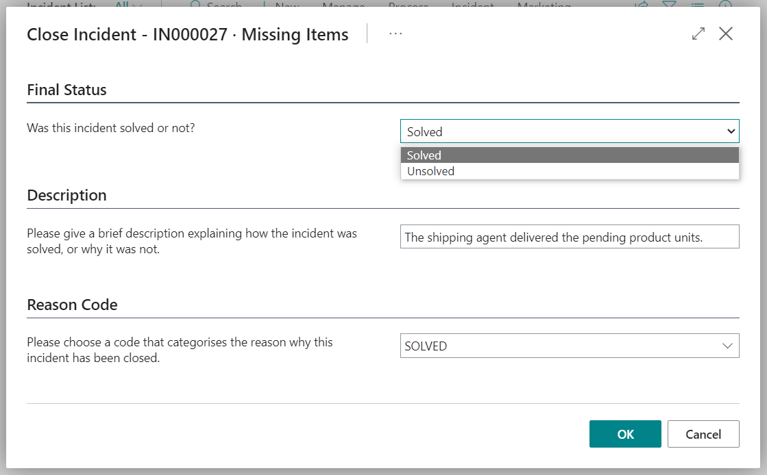 Close Incident dialog box
