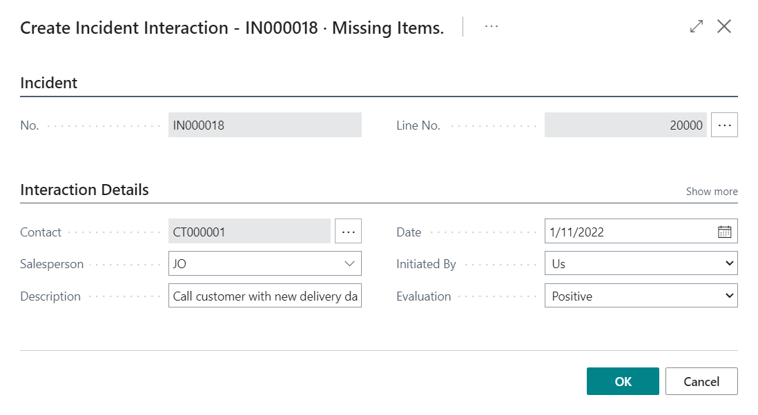 Manual Interaction Creation dialog box for Line