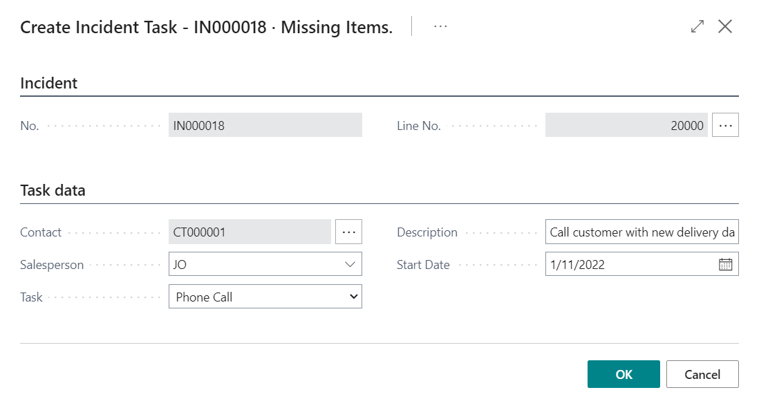 Manual Task Creation dialog box for Line