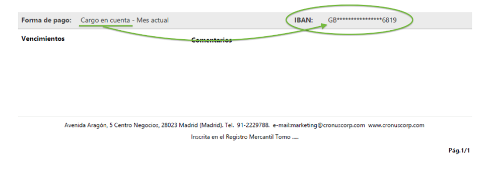 Example of printing with type of payment by direct debit