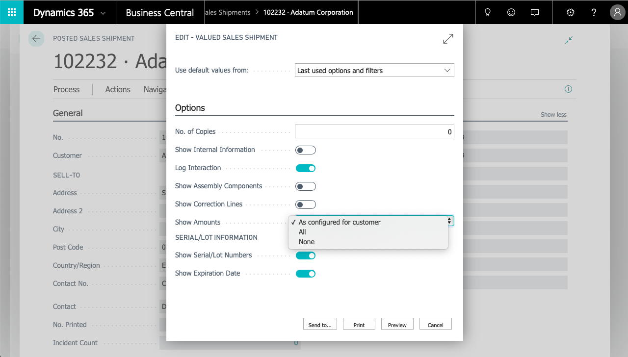 Print dialog of the Report