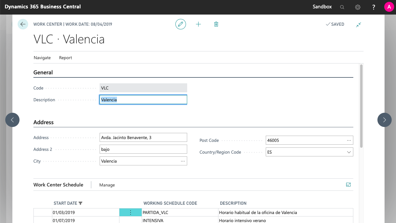 Basic Data of a Work Center