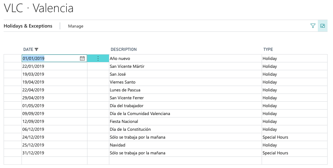 Work Center Holidays