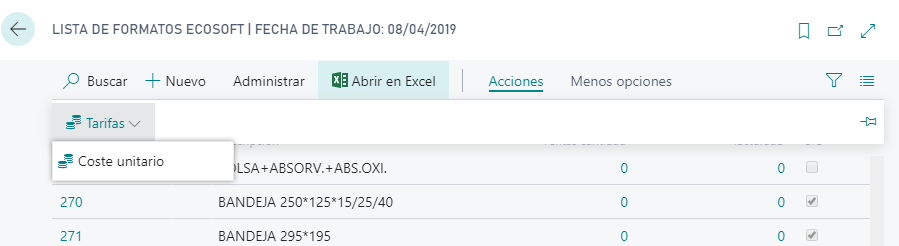 Tarifa formato ECOSOFT