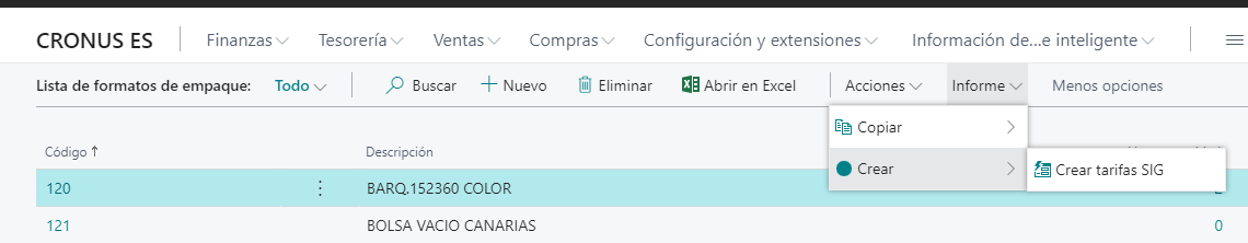 Crear tarifa SIG