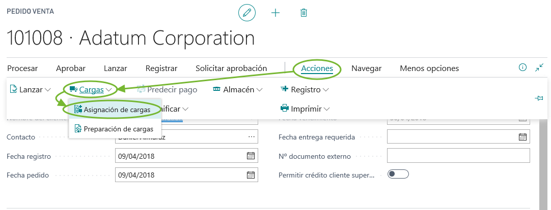 Acción Asignación de cargas