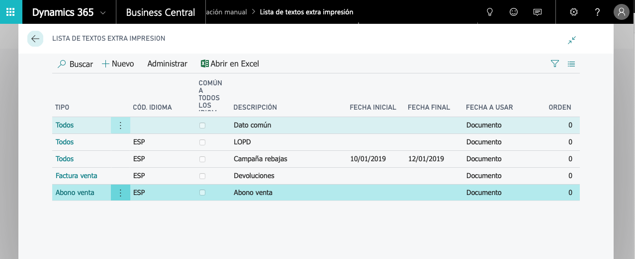 Lista de textos adicionales