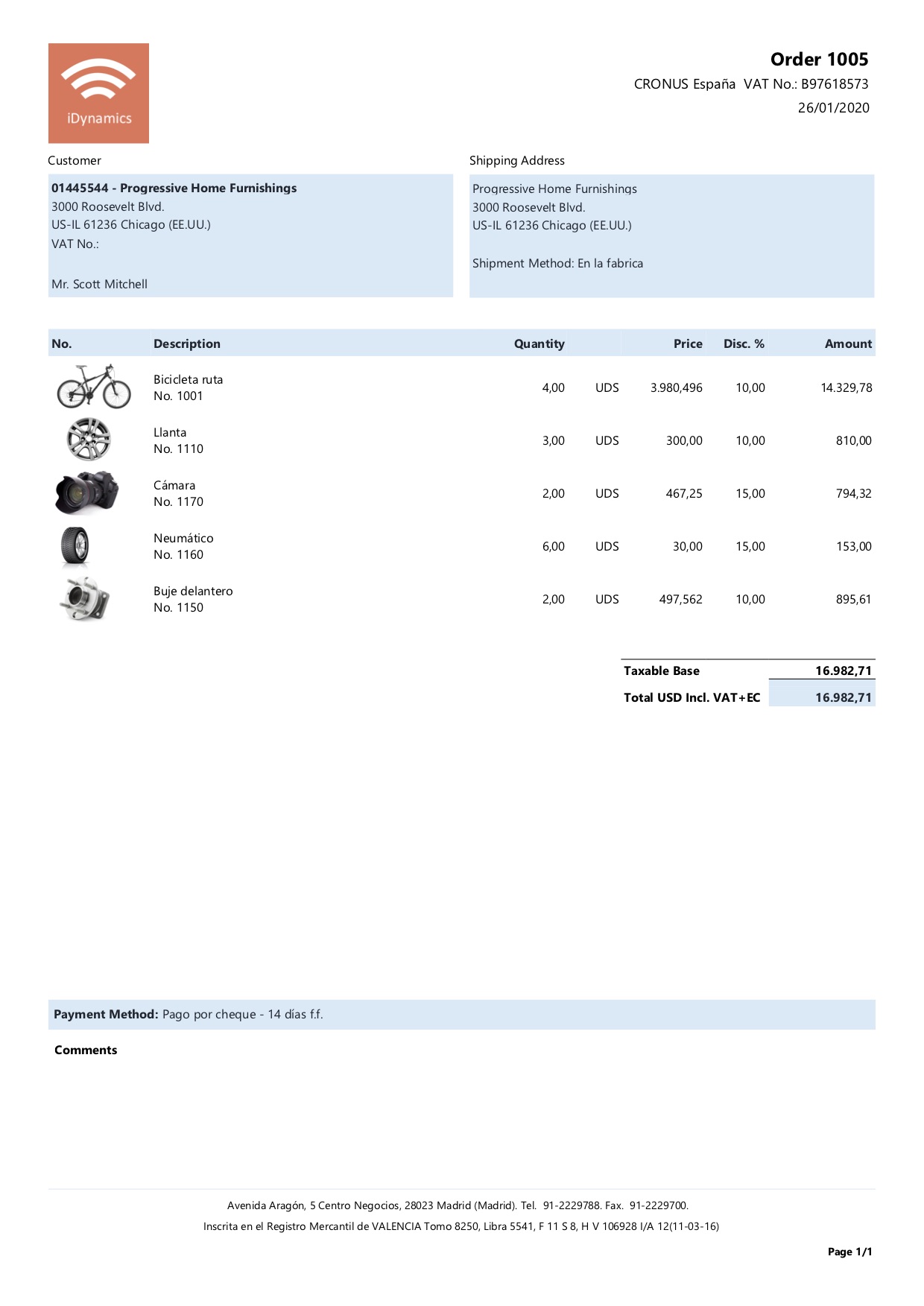 Ejemplo de pedido de venta
