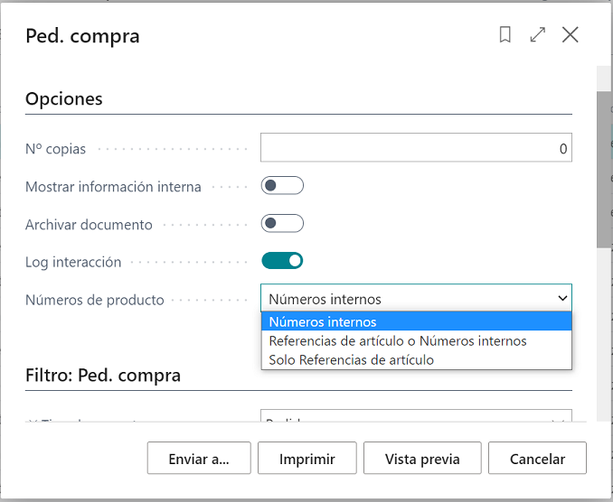 Diálogo de impresión para los nº productos