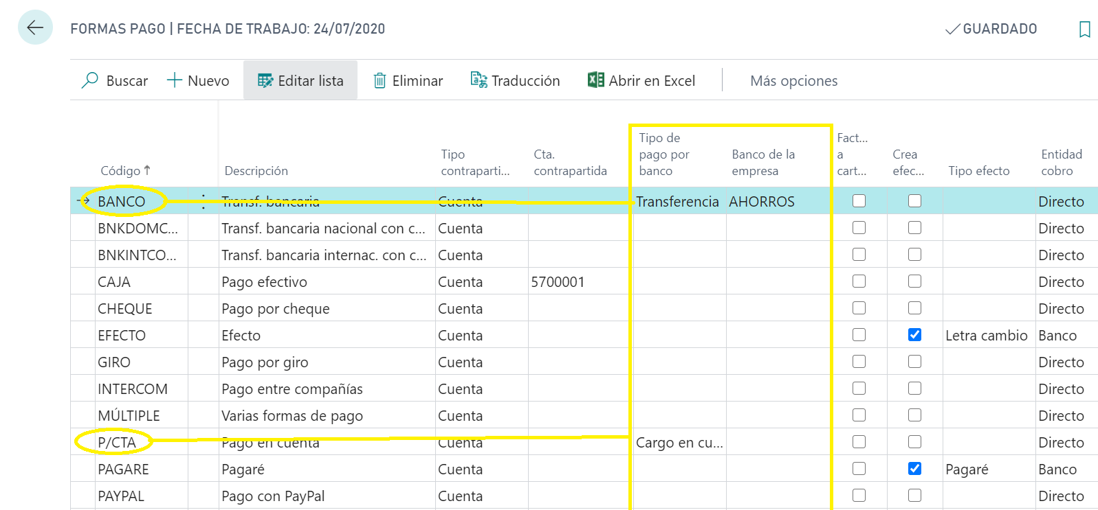 Configuración de formas de pago