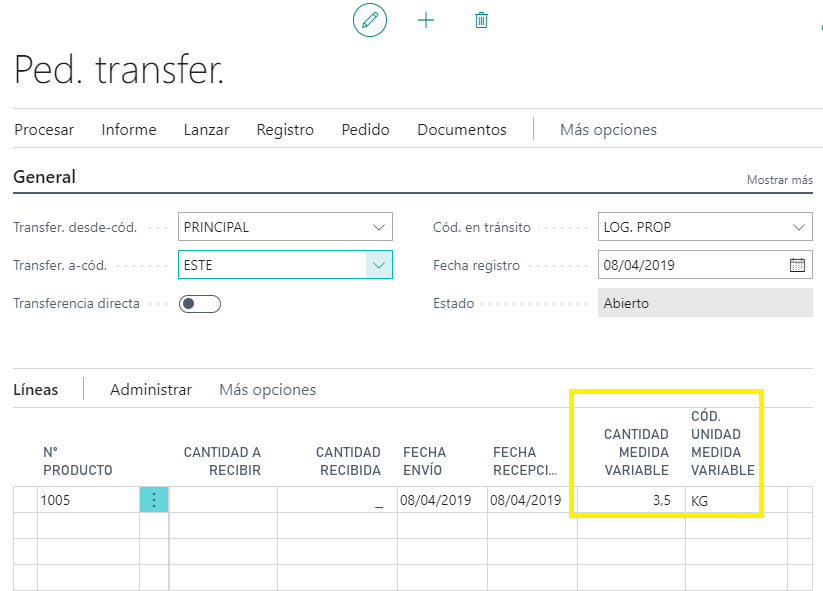 Cantidad pedidos de transferencia