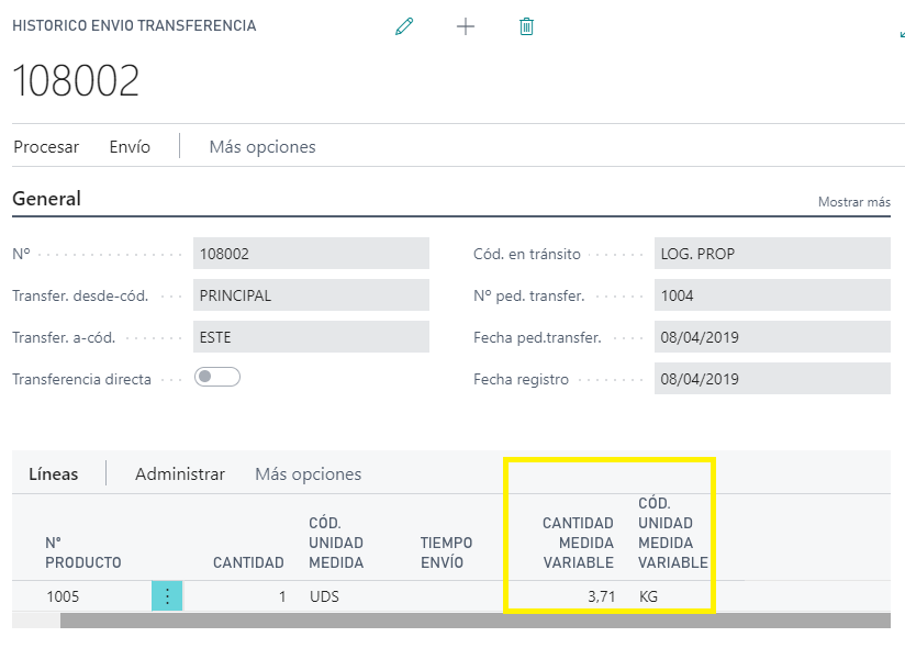 Histórico envíos transferencia