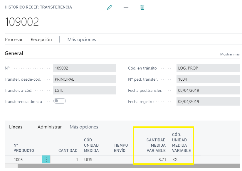Histórico recepción transferencia